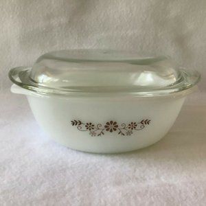 Mid Century Dynaware Pyr-O-Rey 2 Handle Bowl w/Brown Flowers and Clear Lid